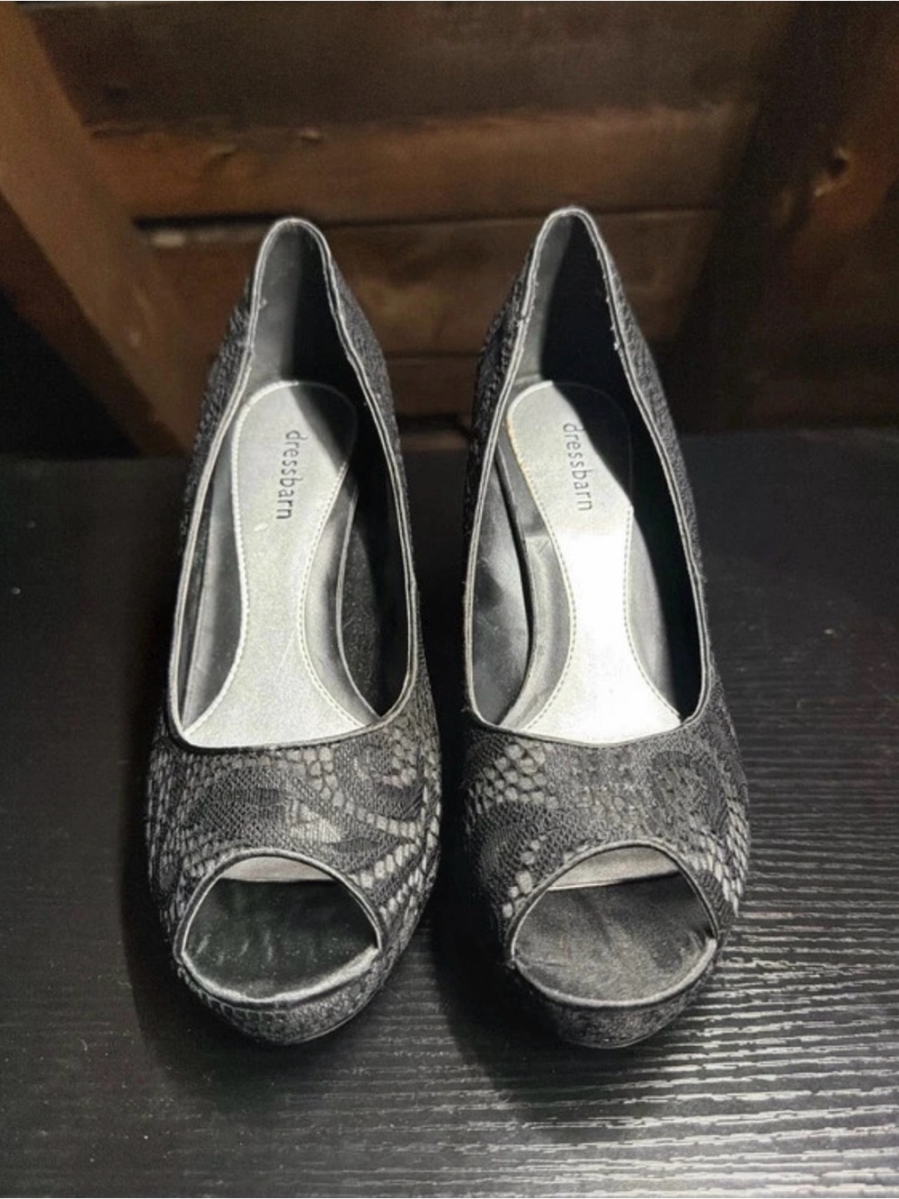 dressbarn Black Lace Peep Toe Heels